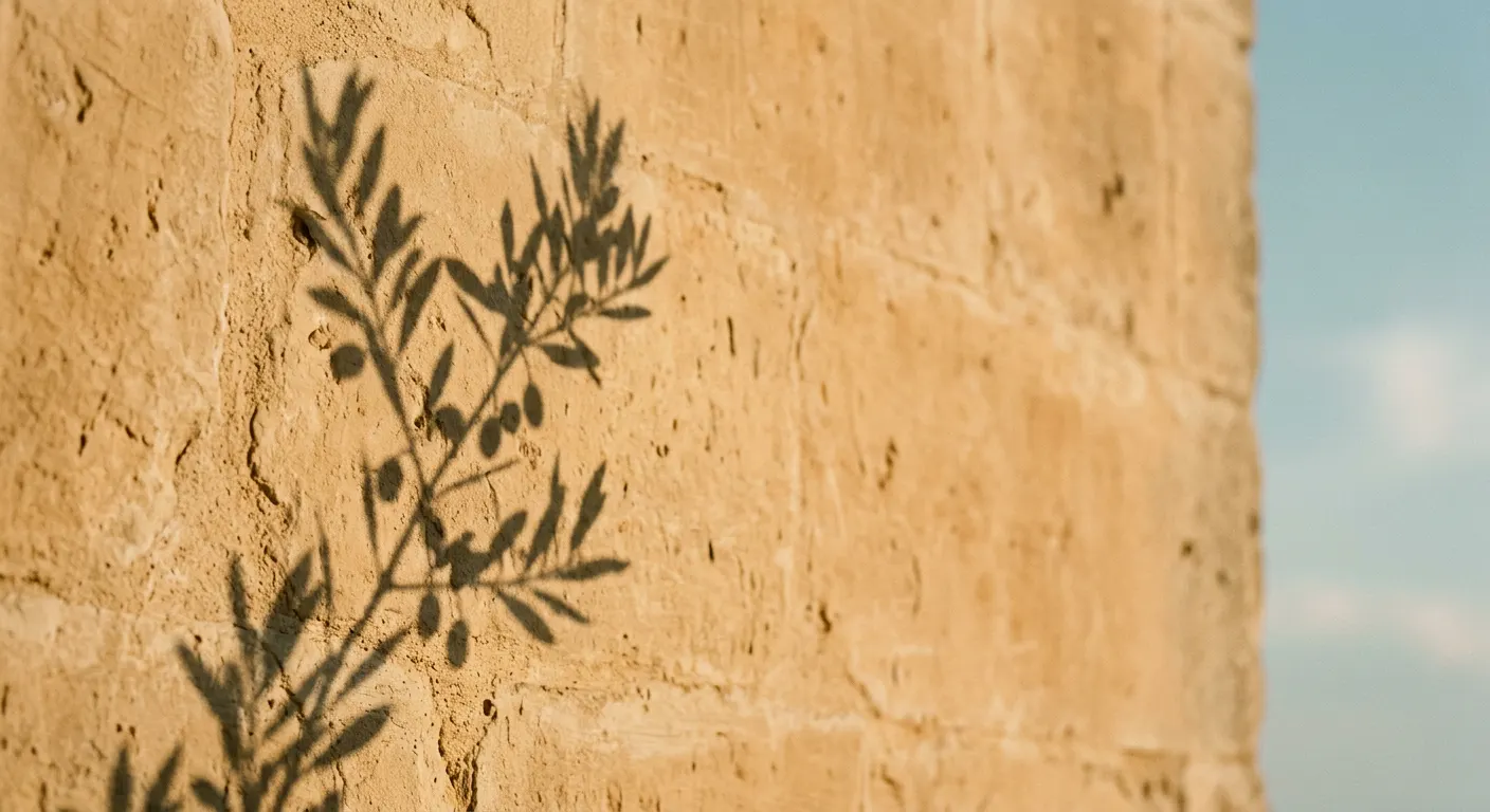 The shadow of an olive branch on a warm limestone wall