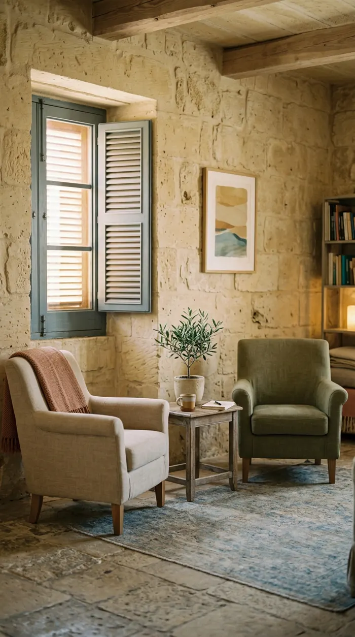 A quiet therapy room with two armchairs and limestone walls